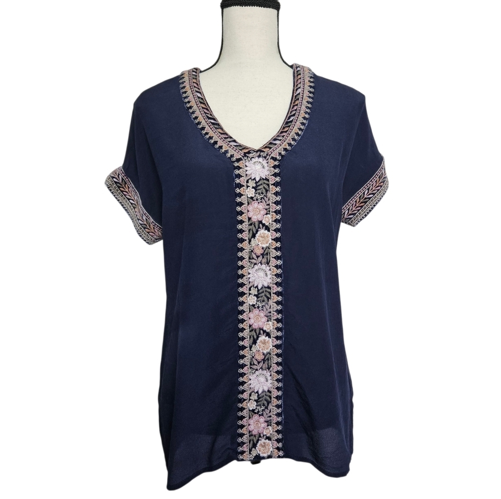 Johnny Was Navy Blue Silk Floral Embroided Top Size Extra Large XL